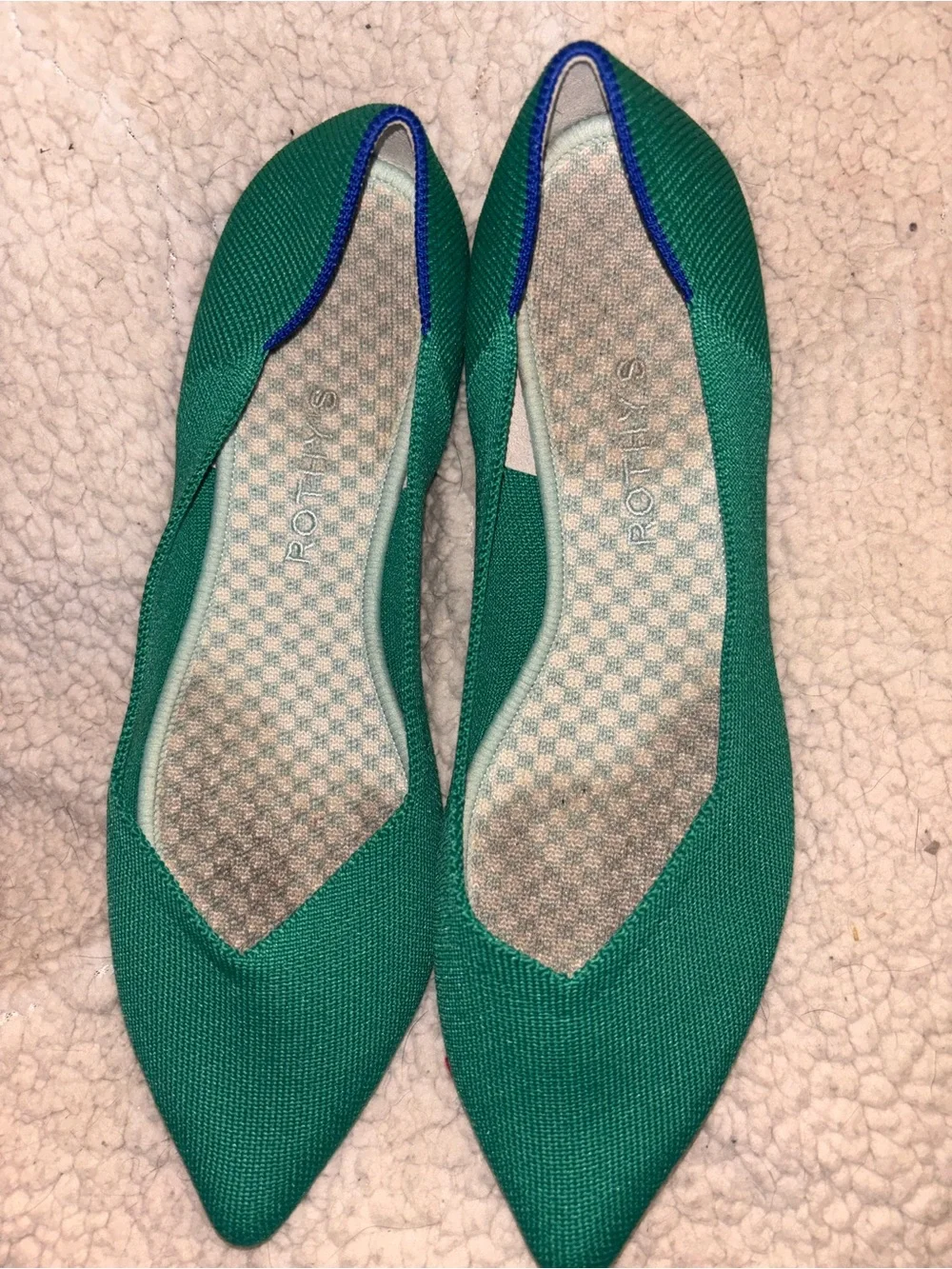 Rothy’s The Point Emerald Green Cobalt Trim Flats Women’s Size 10 US